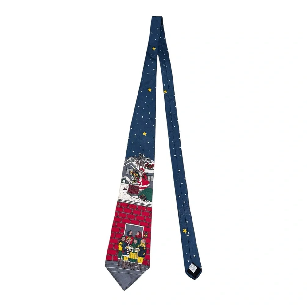 Vintage Dillards Mens Necktie 100% Silk Tie Christmas Santa Claus Bricks Caroler